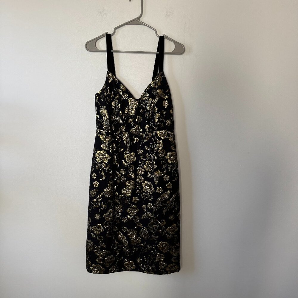 Anthropologie Maeve Black & Gold Floral Birds Jacquard Dress